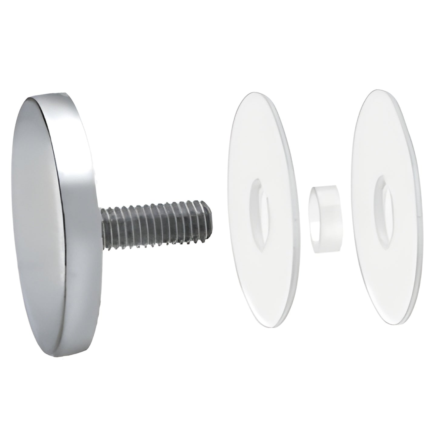 ACSC2PS 2" polished stainless standoff cap with 3/8-16 threaded stud, washer and plastic sleeve, shown exploded.