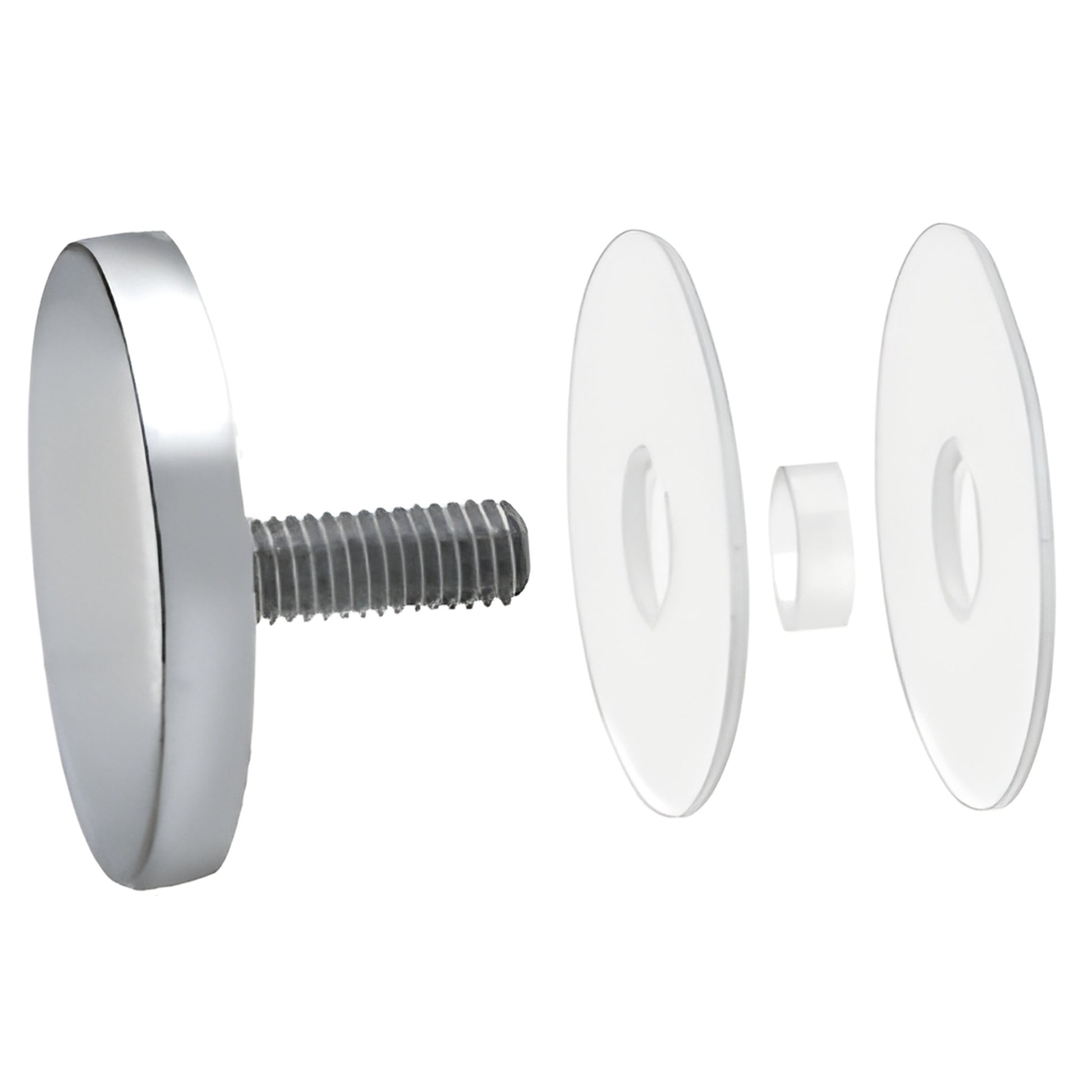 Polished 2" 316 stainless standoff cap CAP2PS with 3/8-16 threaded stud, washers and molded sleeve