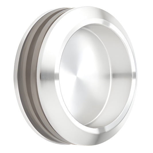 Polished stainless steel thru-glass pull with center water-block plate for 8-10mm tempered glass, SKU SERNHP2PS