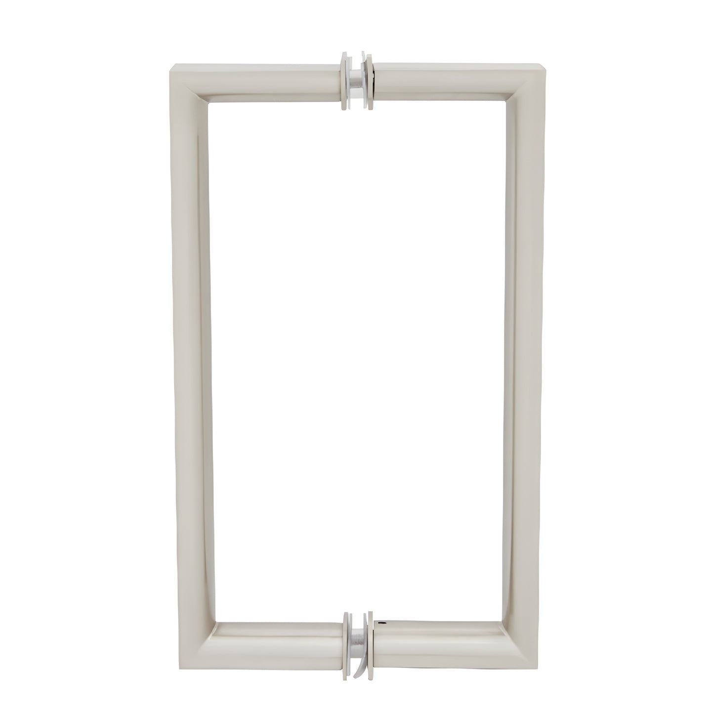 Brushed nickel RM8X8BN back-to-back rectangular glass pull handle, 3/4 in brass tube, round inner grip, 8 in c-c.