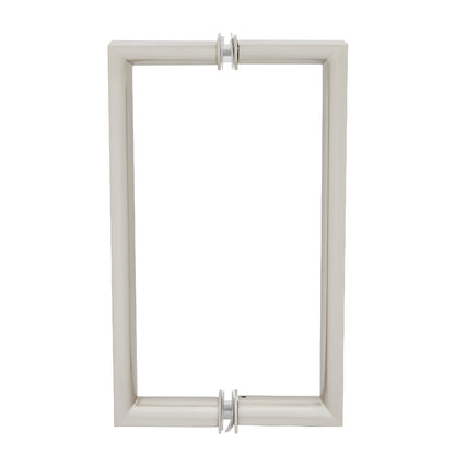 Brushed nickel RM8X8BN back-to-back rectangular glass pull handle, 3/4 in brass tube, round inner grip, 8 in c-c.