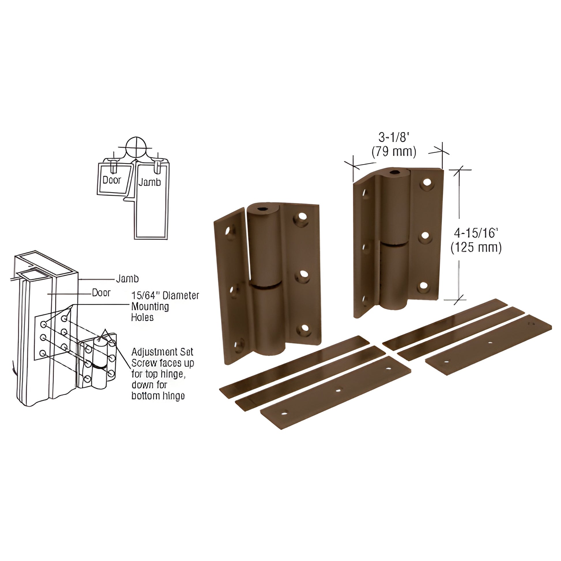 DL1099DU bronze universal commercial hinge kit with two 4-5/16 in hinges, shims and cover plates, fits doors up to 300 lb.