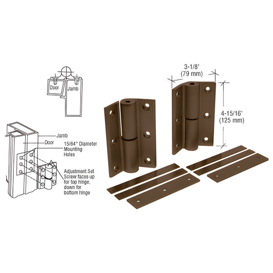 DL1099DU bronze universal commercial hinge kit with two 4-5/16 in hinges, shims and cover plates, fits doors up to 300 lb.