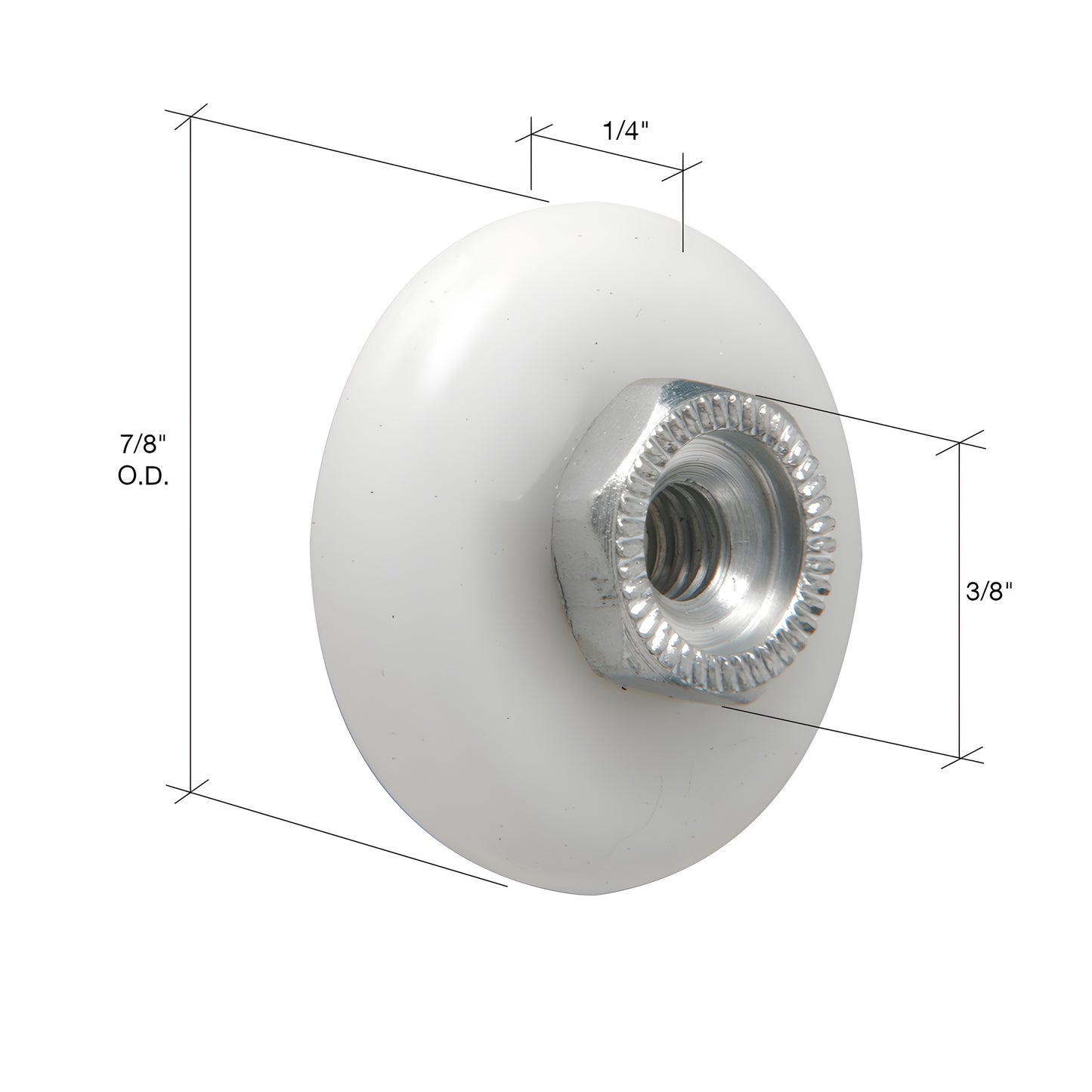 White 7/8 in. nylon shower door roller with 8-32 threaded hex metal hub and ball-bearing inner race - SKU M6002.