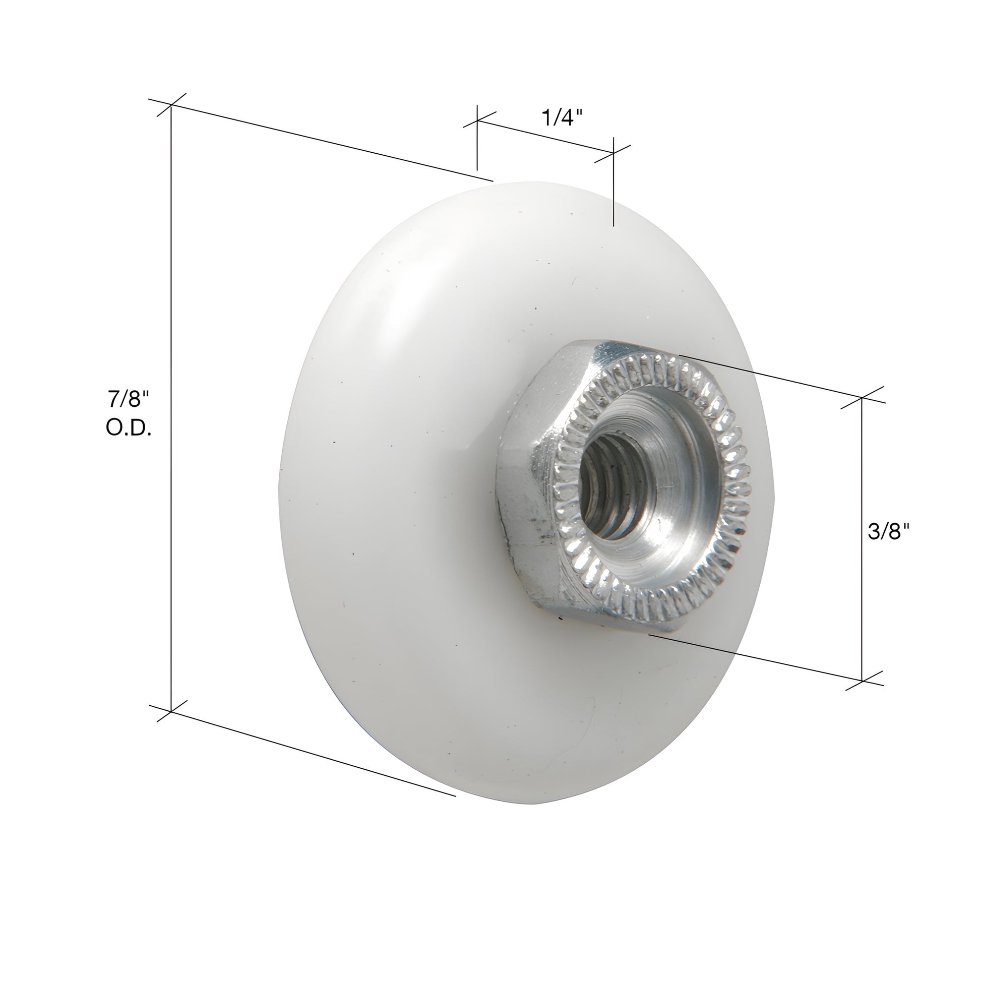 White 7/8 in. nylon shower door roller with 8-32 threaded hex metal hub and ball-bearing inner race - SKU M6002.