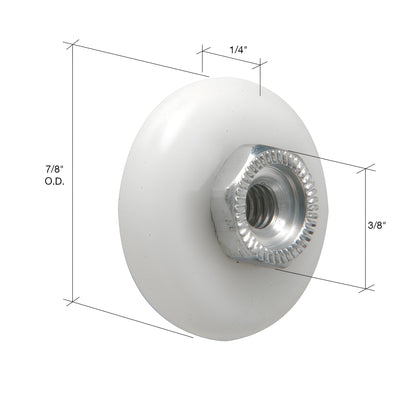White 7/8 in. nylon shower door roller with 8-32 threaded hex metal hub and ball-bearing inner race - SKU M6002.