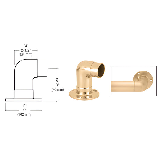 Polished brass CRL flush wall handrail return HR20QPB, 90 elbow with 4" base, mounts flush to wall.