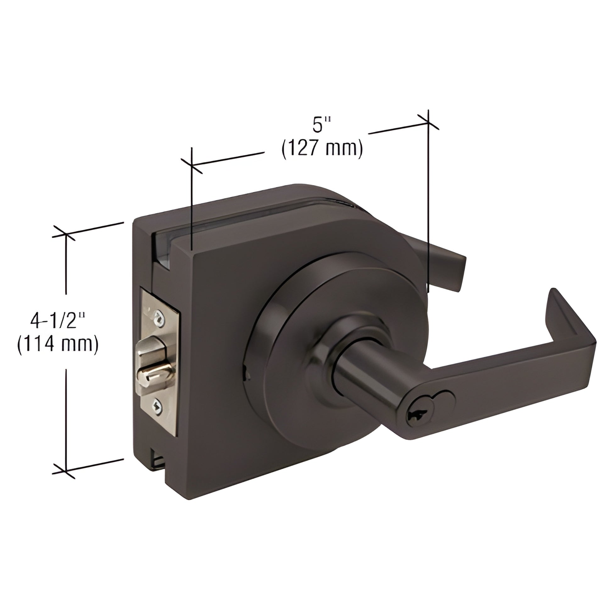 LH87DU black bronze round lever lock housing for 3/8-1/2" glass doors, low-profile, 5" 4-1/2" (127 114mm)