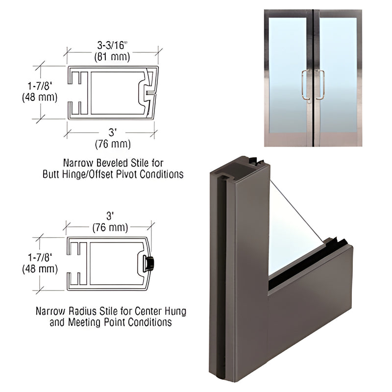 Dark bronze full-framed glass door (FFN1DU) with profile diagrams and close-up corner/frame detail.
