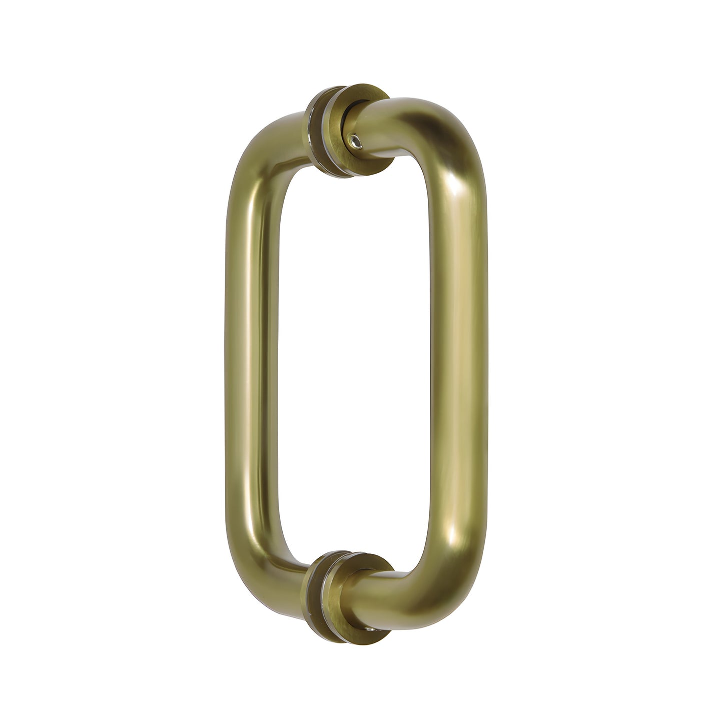 Brushed bronze back-to-back tubular glass door pull, 3/4" brass tube, 6" center-to-center, decorative metal washers.