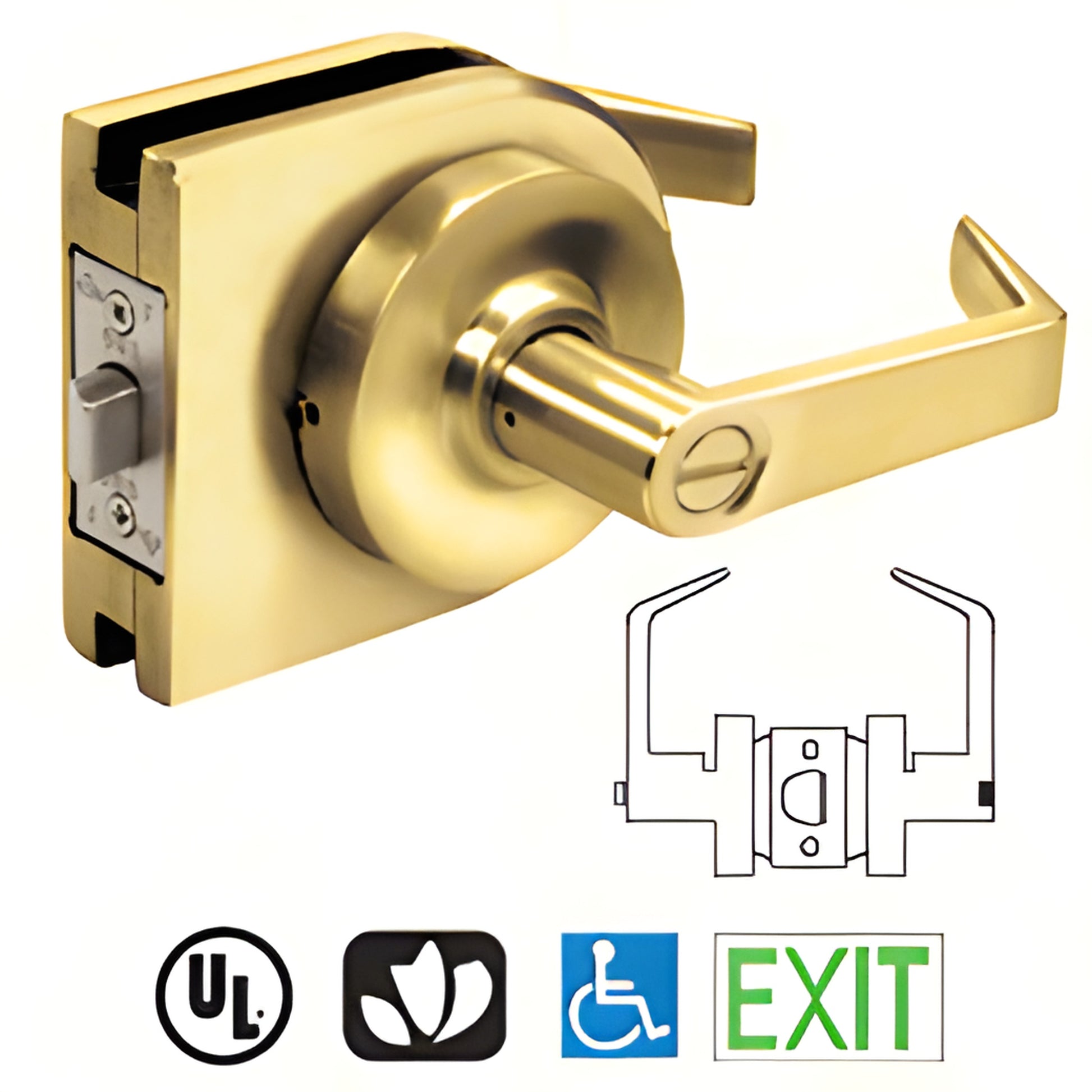 LH45PB polished brass round lever lock housing for 3/8-1/2 glass doors, low-profile, ADA/ANSI compliant