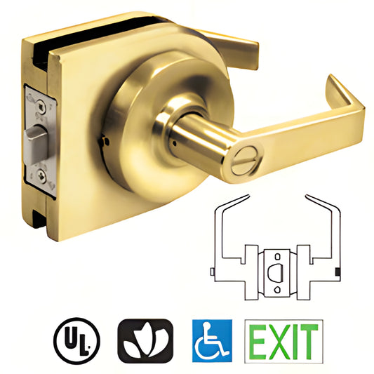 LH45PB polished brass round lever lock housing for 3/8-1/2 glass doors, low-profile, ADA/ANSI compliant