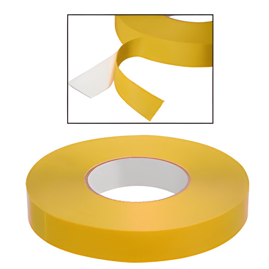 Yellow PVC double-sided high-adhesion tape roll with white release liner partially peeled - CRL SKU 4970