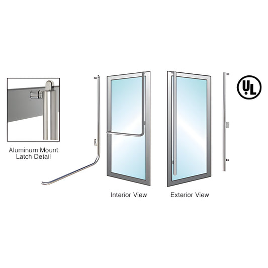 PA100FS3APBS brushed stainless tubular panic handle for glass doors - interior push bar, aluminum/wood mount, right-hand