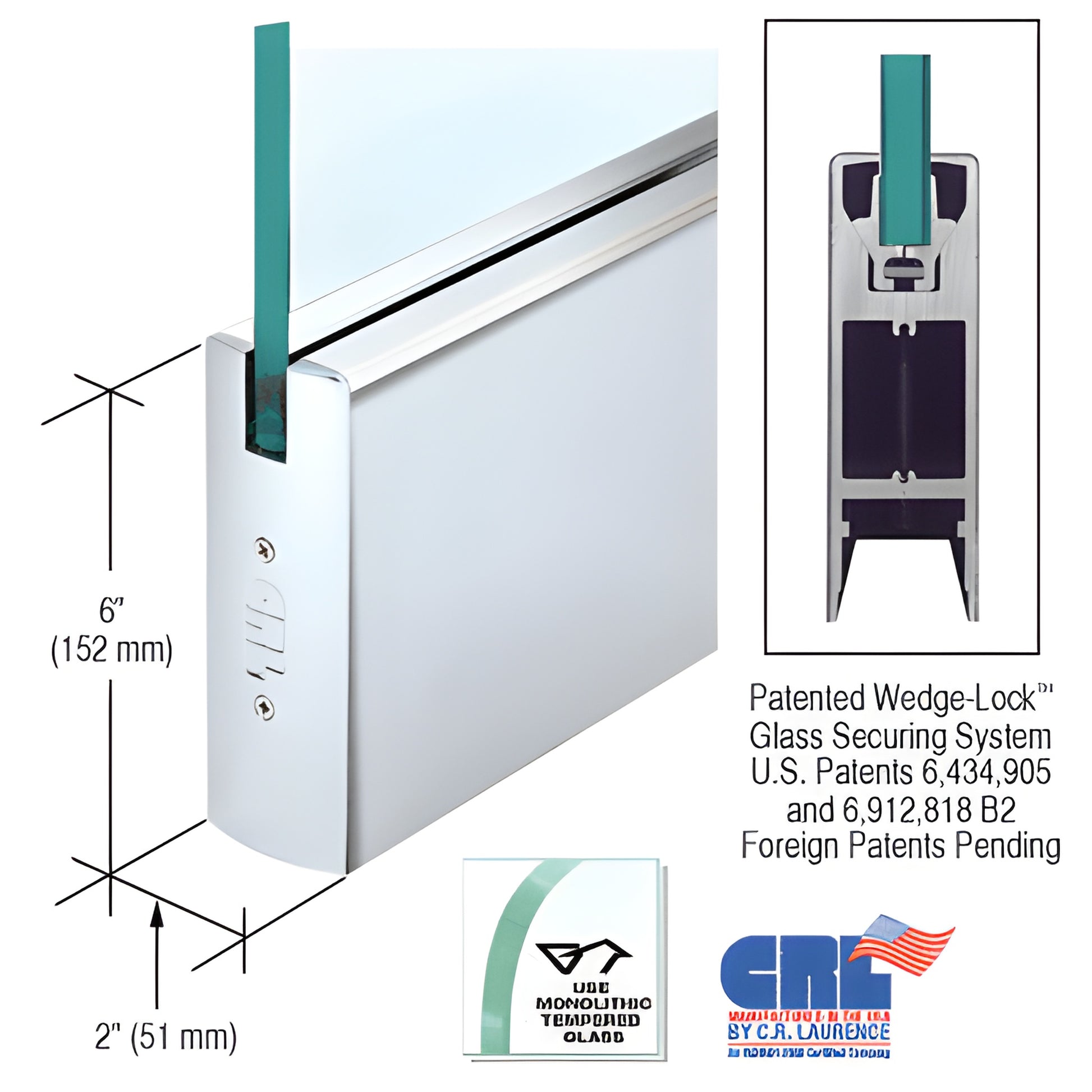 Polished stainless steel 6 in high x 2 in wide CRL Wedge-Lock door rail for 1/2 in (12 mm) glass SKU DR6SPS12C