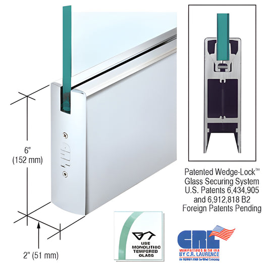 CRL Wedge-Lock door bottom rail DR6SPS12S - polished stainless steel 6" H x 2" W, fits 1/2" glass, 35-3/4" length