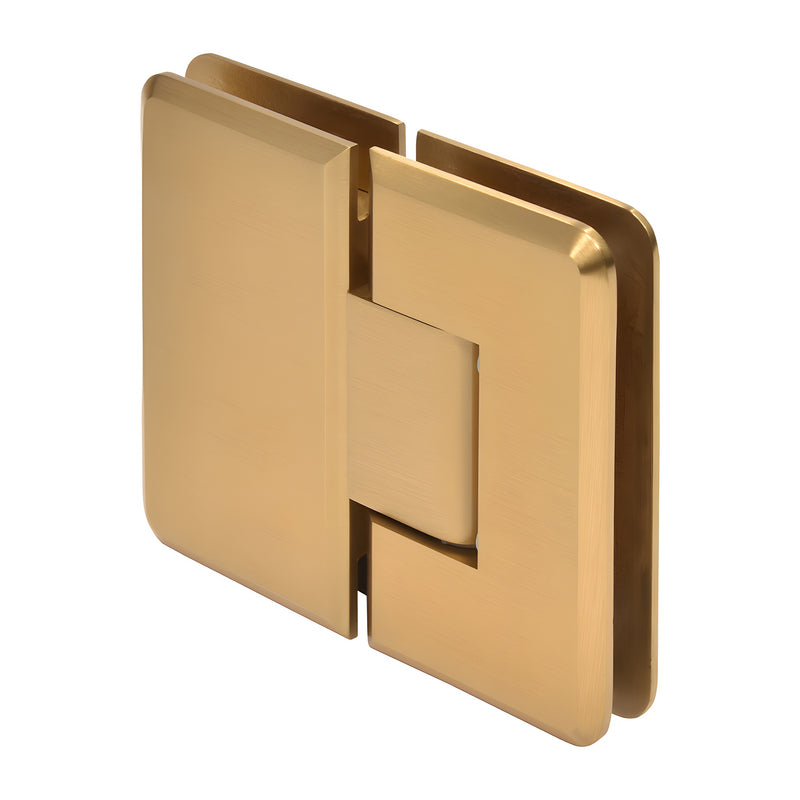 Modern Gold brass 180-degree glass-to-glass shower hinge, beveled edges, fits 3/8-1/2 in tempered glass (SKU C0L180MG)