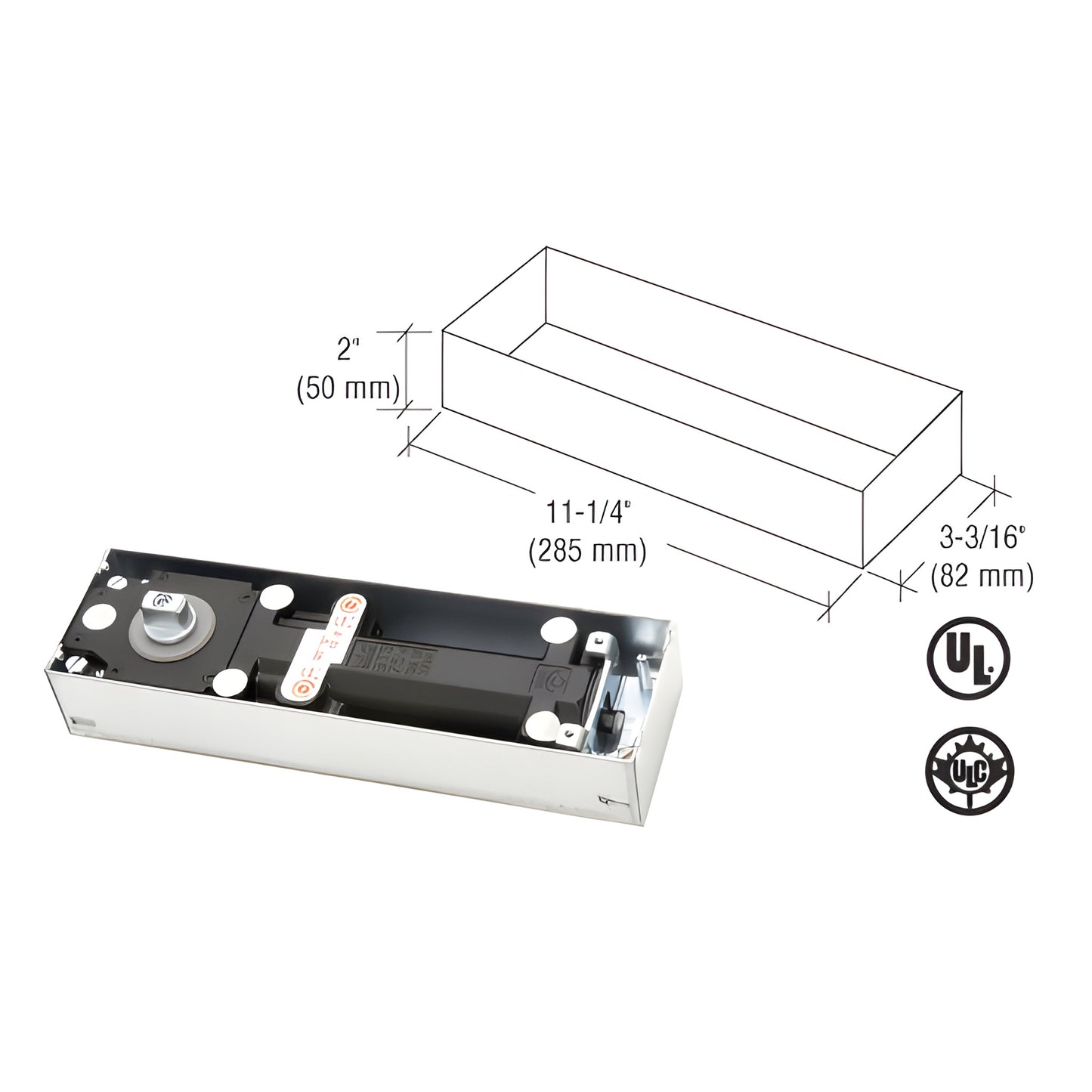Dormakaba BTS75V floor-mounted door closer, chrome finish, 11-1/4" x 3-3/16" x 2", 105 hold-open, SKU BTS75V105H0