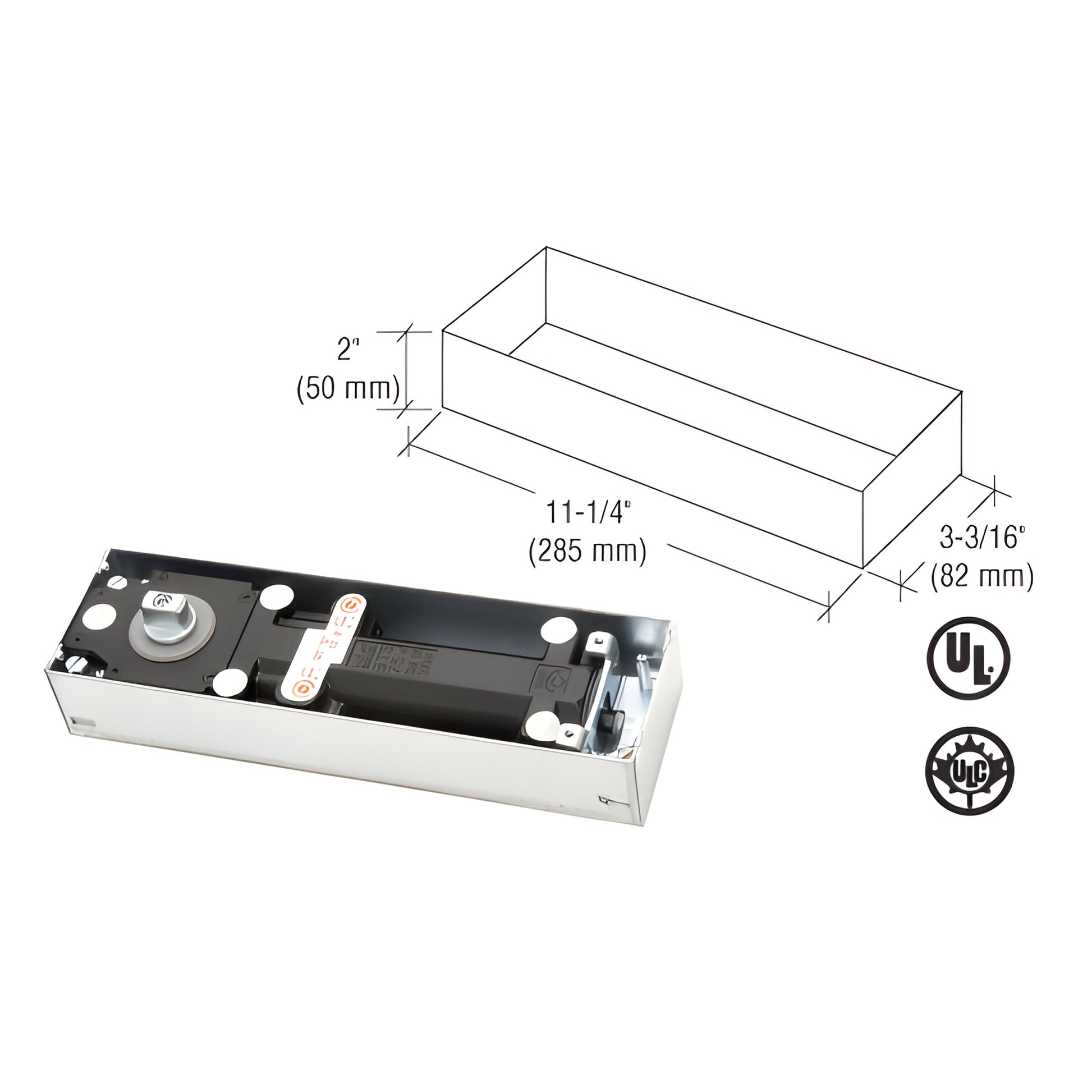 Dormakaba BTS75V floor-mounted door closer, chrome finish, 11-1/4" x 3-3/16" x 2", 105 hold-open, SKU BTS75V105H0