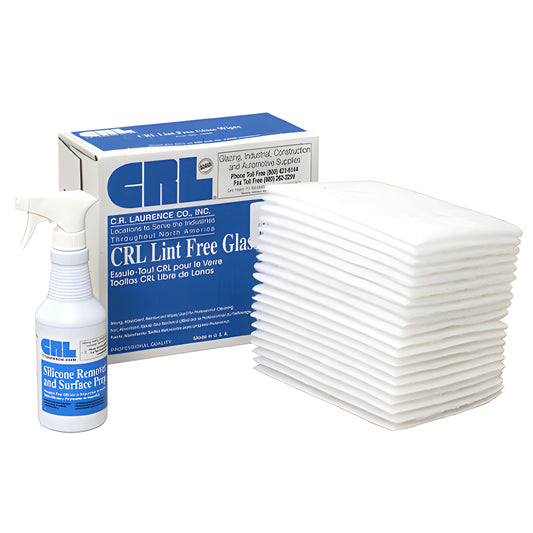 CRL Silicone Clean Up Kit (CK1T3): spray bottle, box of lint-free wipes and stacked white open-cell pads
