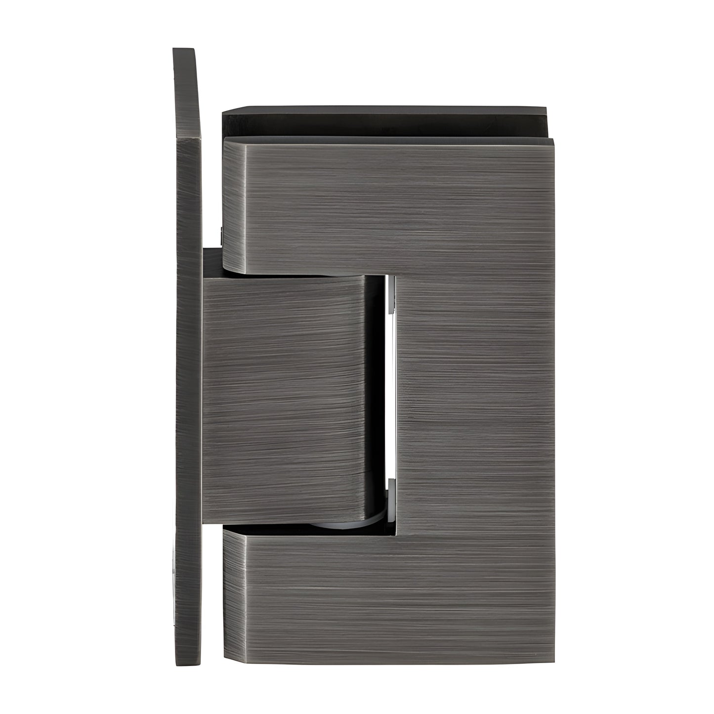 GEN344ABN Geneva adjustable shower door hinge in antique brushed nickel, solid brass, square-profile wall-mount.