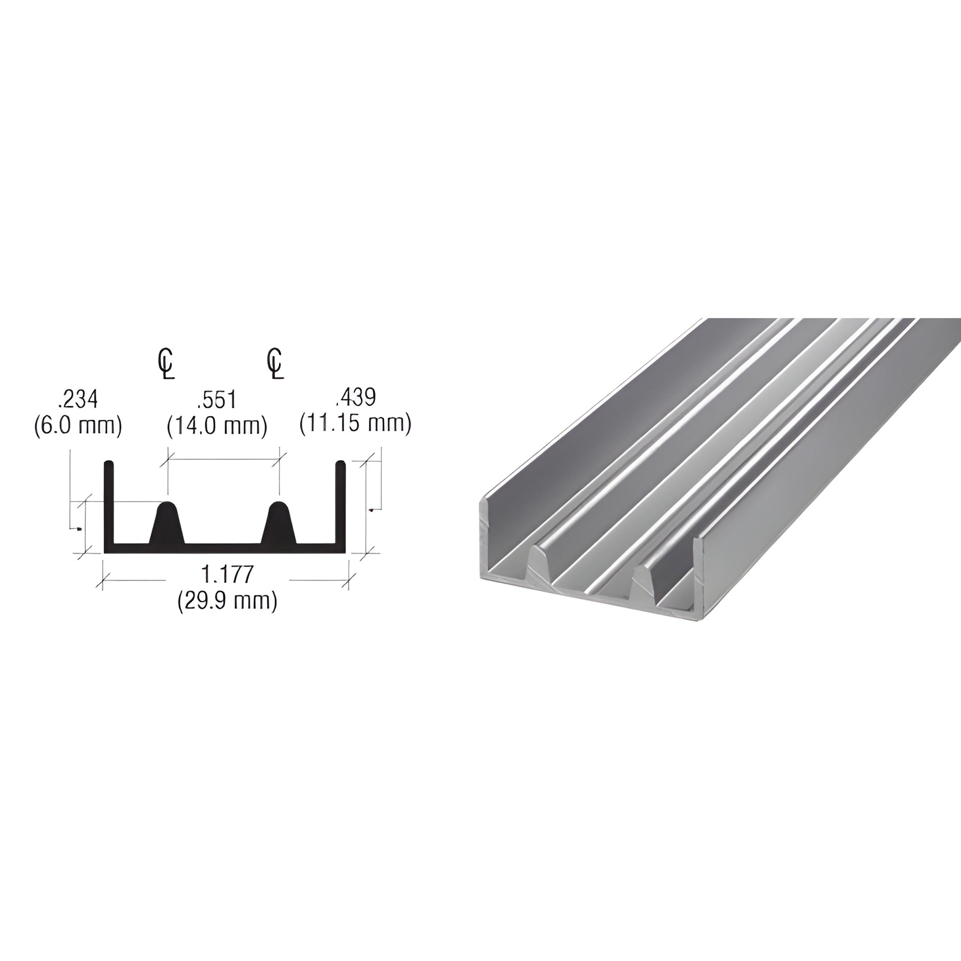 CRL D594A satin anodized aluminum double lower track extrusion, 12 ft length, 1.18 in wide, raised ribs for sliding doors