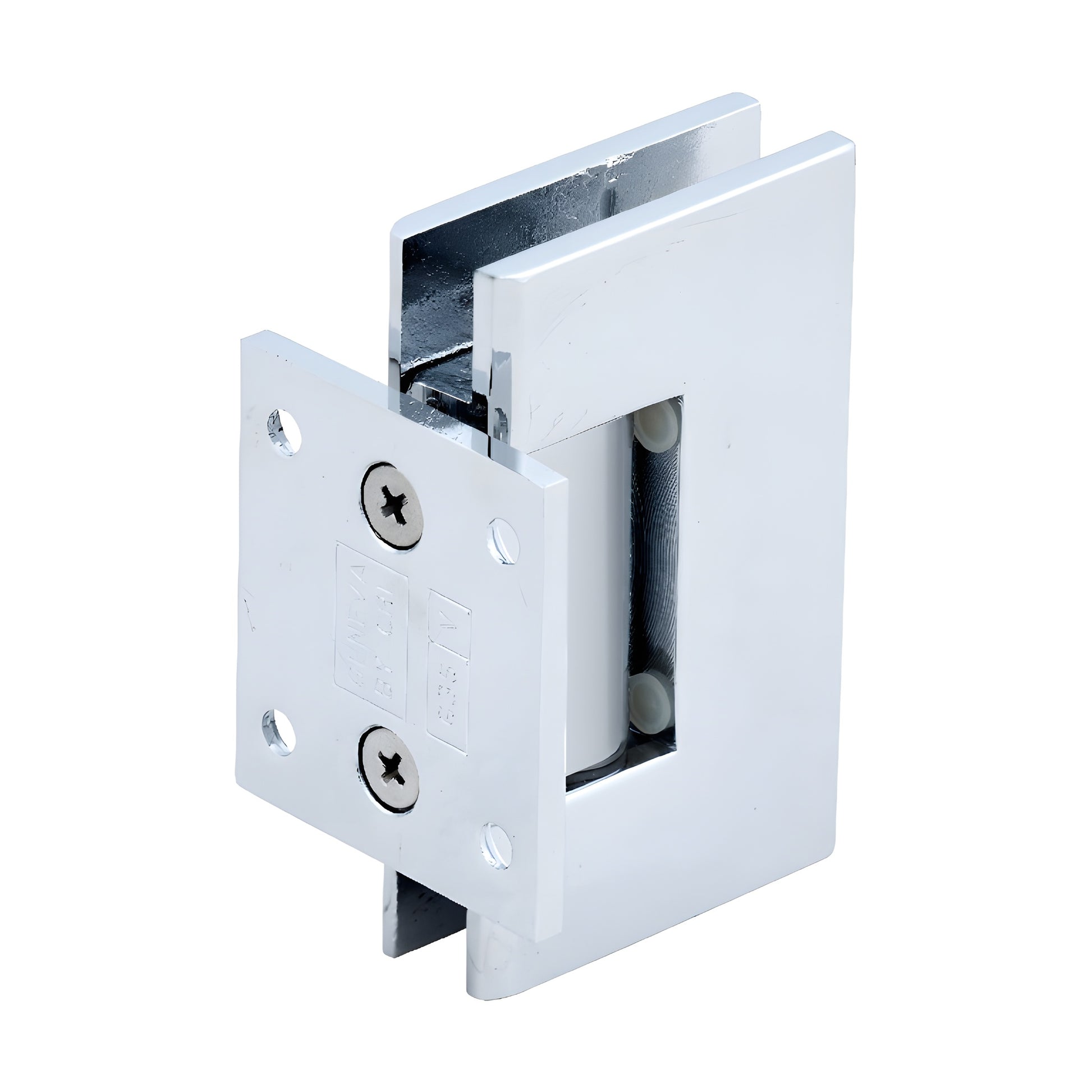 Polished chrome Geneva shower door hinge, short wall-mount back plate for 8-12mm tempered glass.