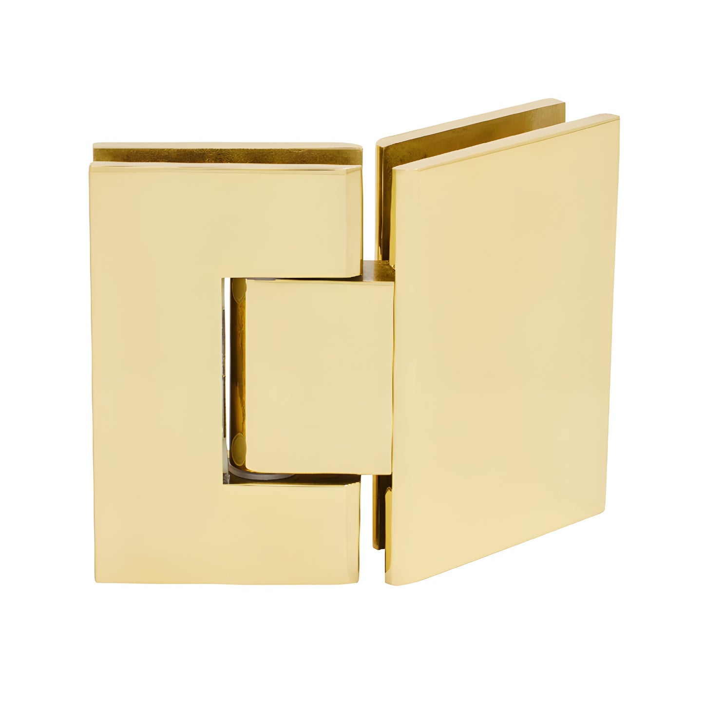 GEN045BR polished brass square glass-to-glass hinge, 135 self-centering, fits 8-12mm tempered glass