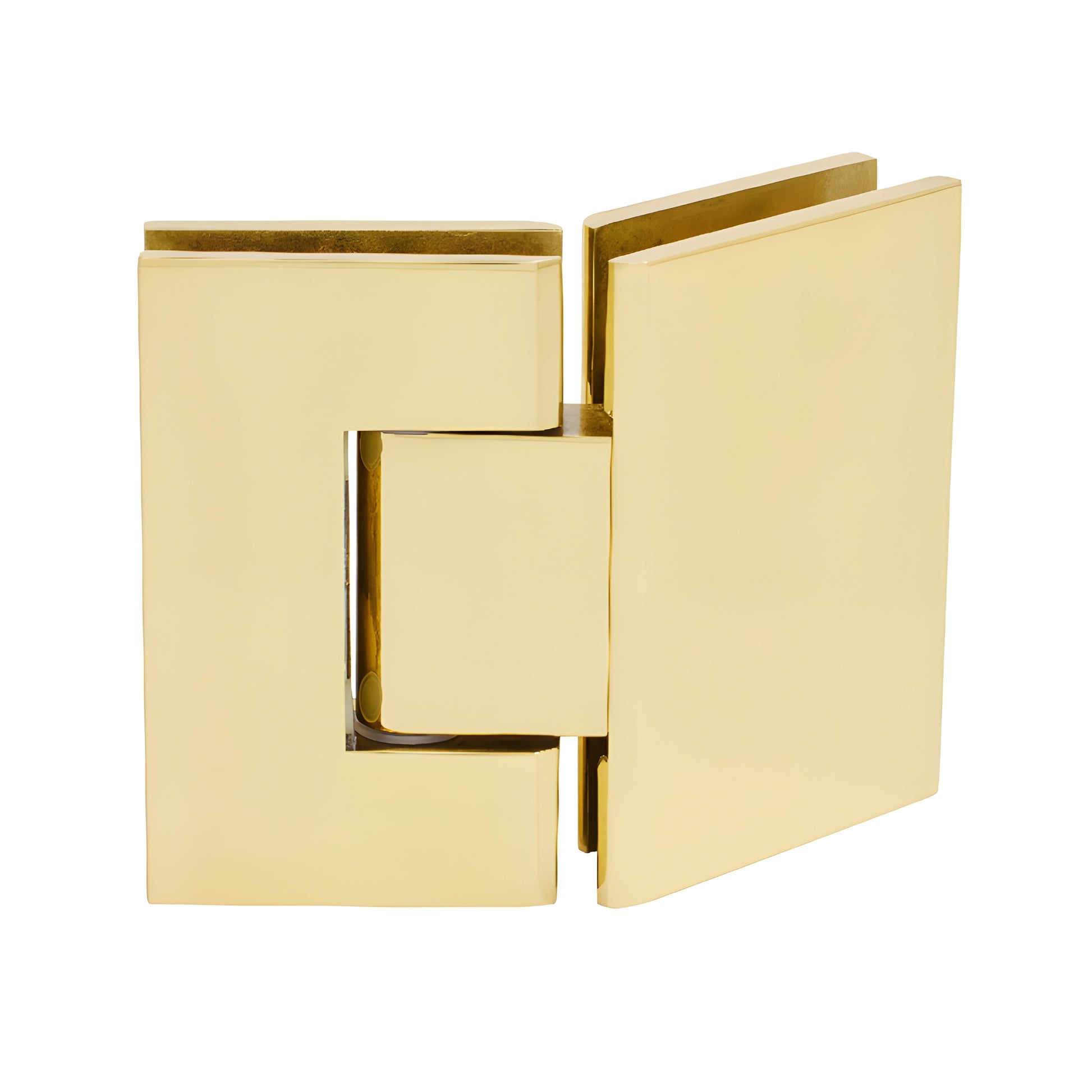 GEN045BR polished brass square glass-to-glass hinge, 135 self-centering, fits 8-12mm tempered glass