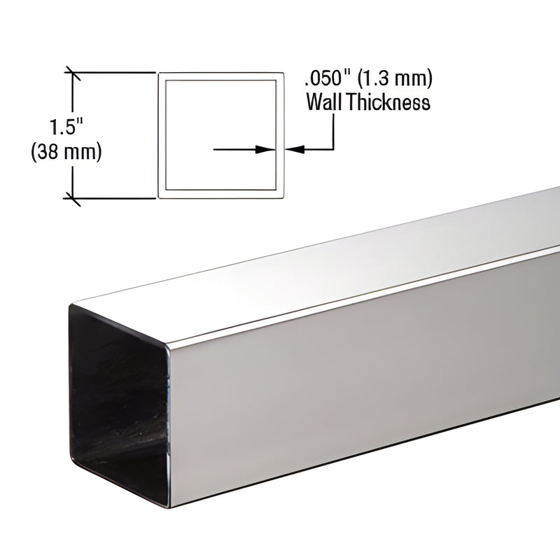 HRS15PSC polished 304 stainless steel 1.5 in (38 mm) square tubing, .050 in wall, architectural handrail trim, ready to fabri