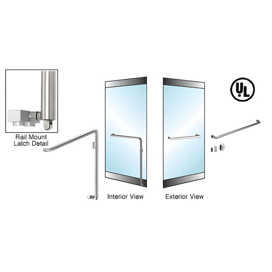 Polished stainless CRL glass door panic handle (SKU 3P110A3RKPS), 1-1/4" rail mount push bar for 3/4" tempered glass doors.
