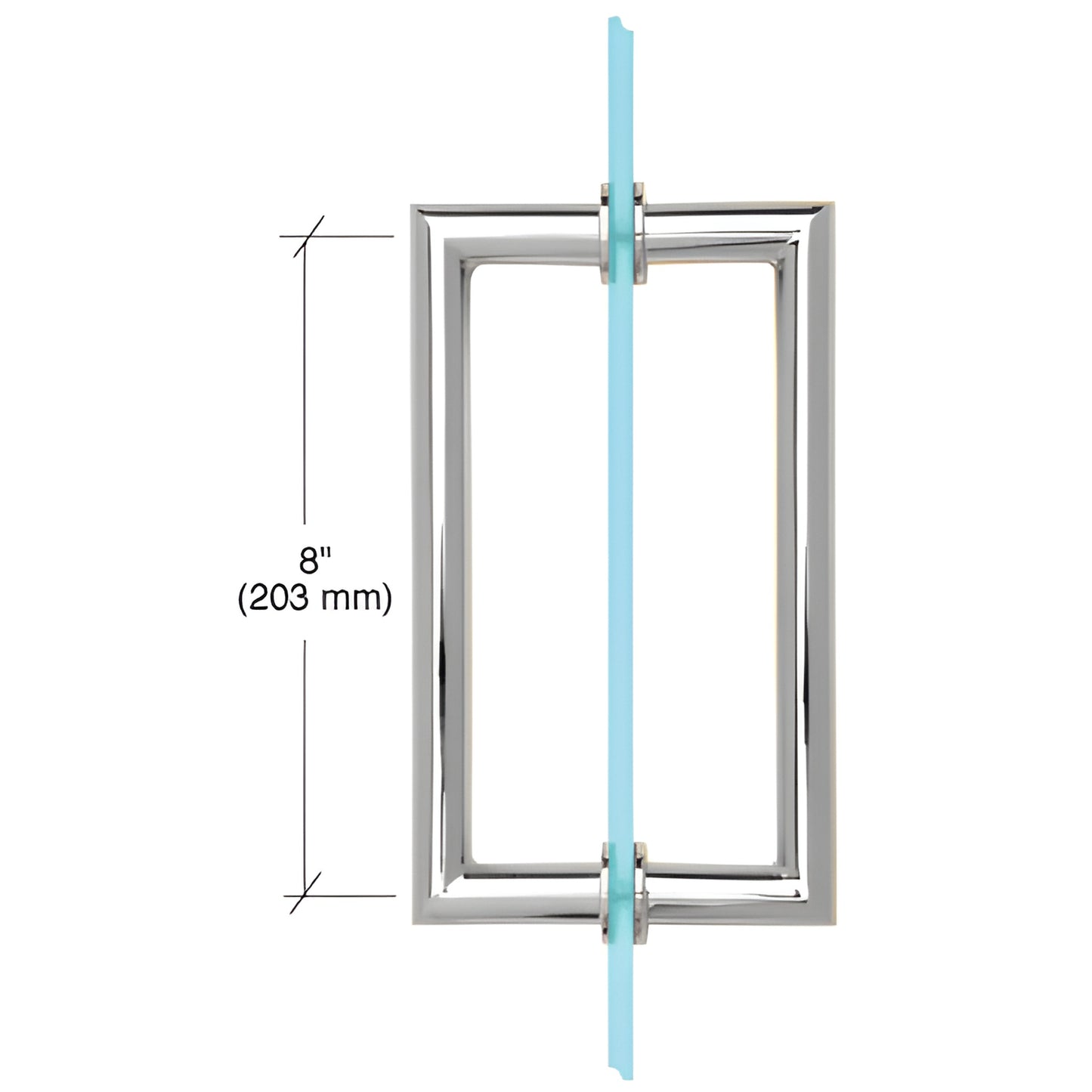 MT8X8CH polished chrome back-to-back rectangular shower glass pull handle, 8in center-to-center, 3/4in brass tubing