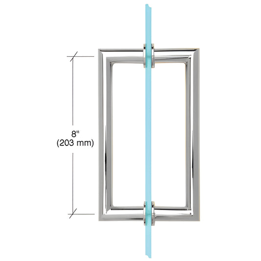 MT8X8CH polished chrome back-to-back rectangular shower glass pull handle, 8in center-to-center, 3/4in brass tubing