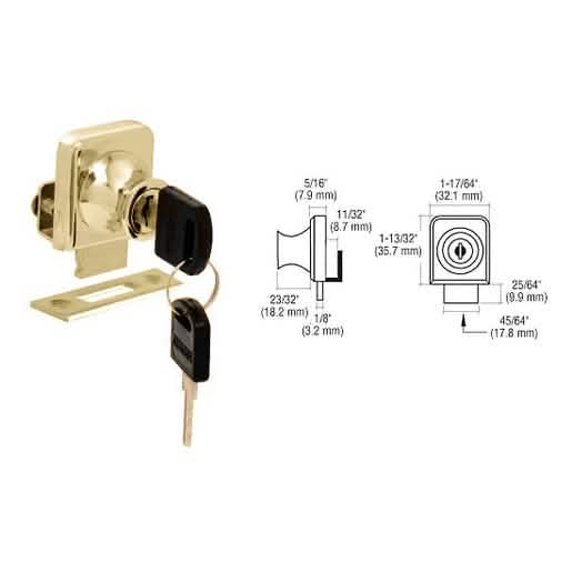 Gold plated lock for 1/4" glass cabinet door, keyed alike, by CRL - secure elegance.
