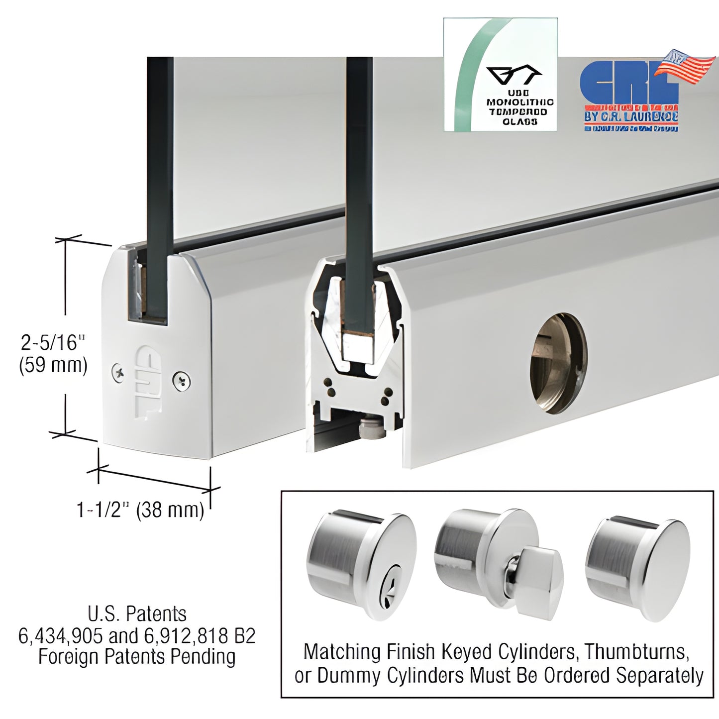 CRL DR2TSA12PL low-profile satin anodized aluminum 8" door rail with Wedge-Lock system for 1/2" glass, includes lock.