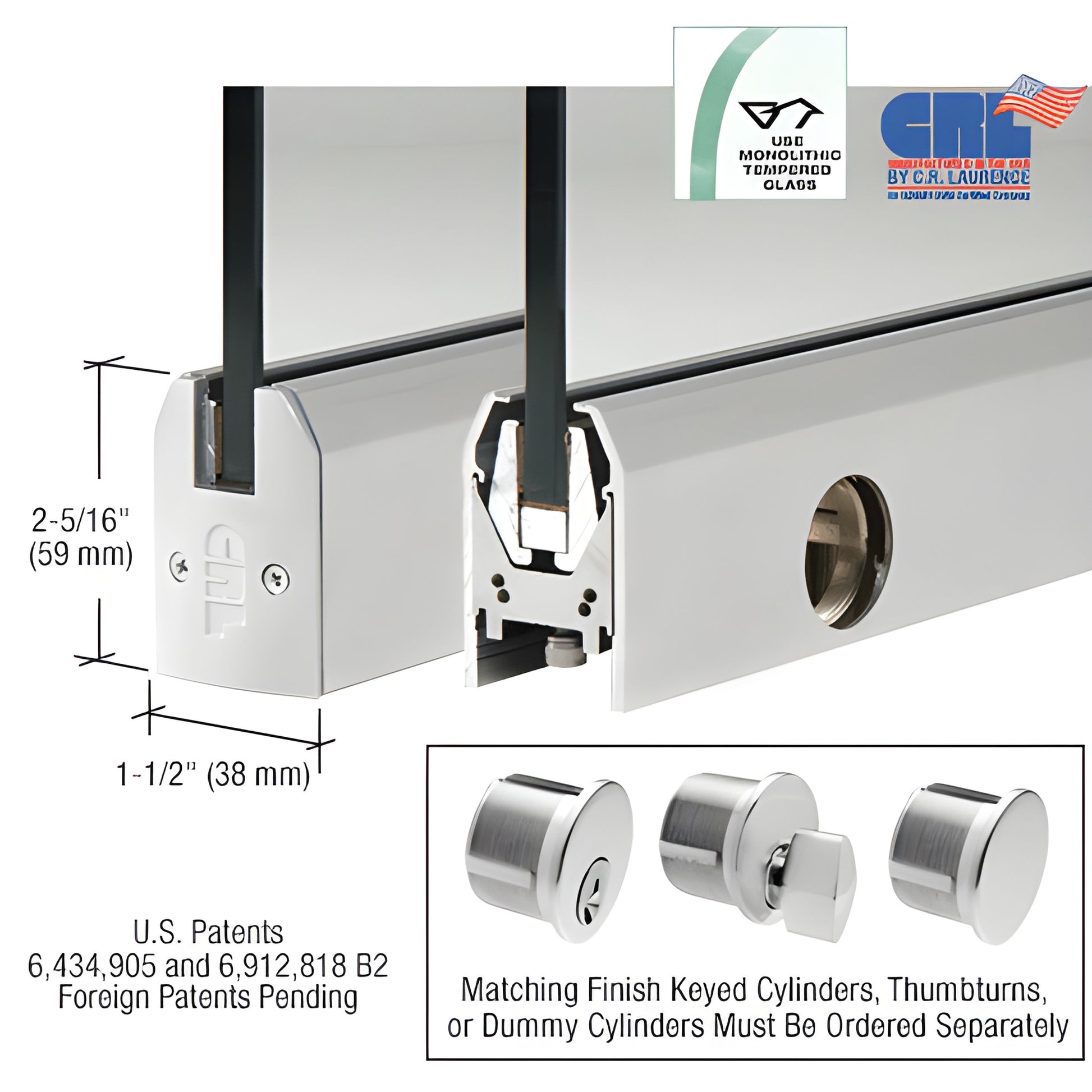 CRL low-profile aluminum door rail DR2TSA38SL, satin anodized, 35-3/4 in for 3/8 in glass, 2-5/16 in high, includes lock