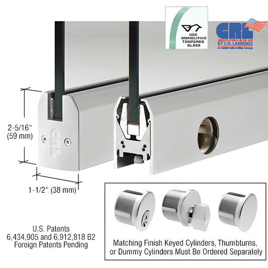 DR2TSA38PL low-profile satin anodized 8in aluminum door rail for 3/8in glass, tapered 2-5/16 1-1/2in, includes lock.