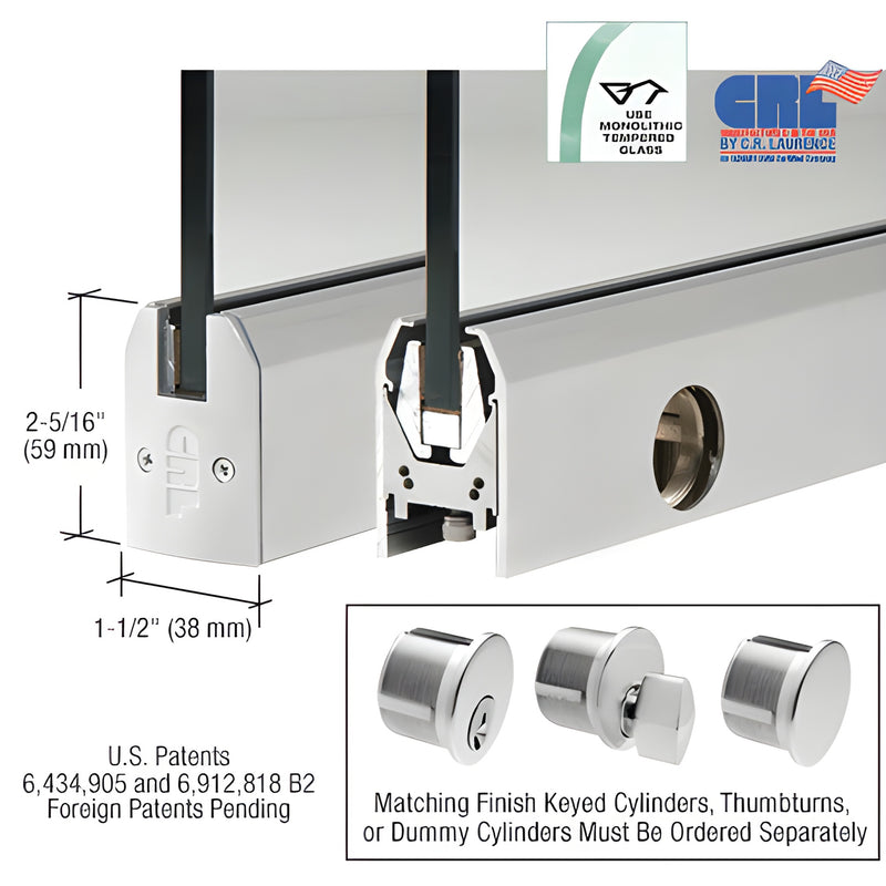 DR2TSA38PL low-profile satin anodized 8in aluminum door rail for 3/8in glass, tapered 2-5/16 1-1/2in, includes lock.