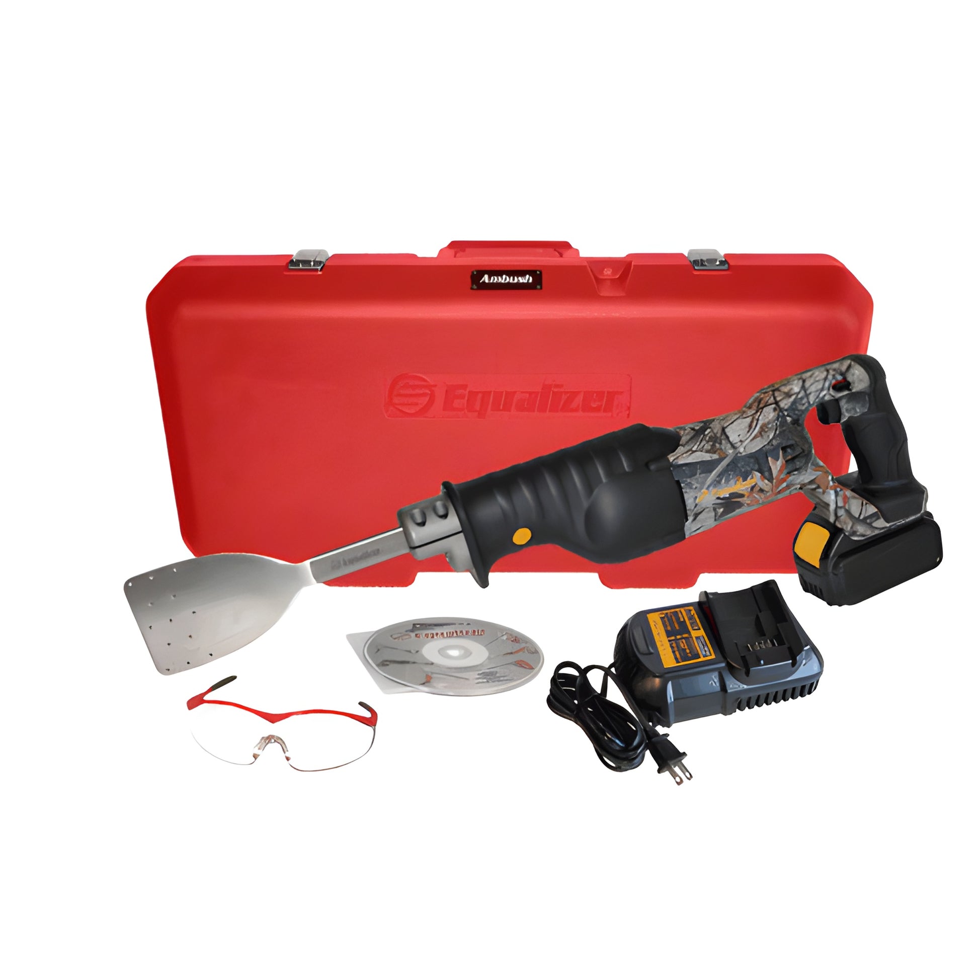 Equalizer Ambush ATV2012 cordless urethane windshield remover kit - camo tool, blade, 20V battery & charger, red case
