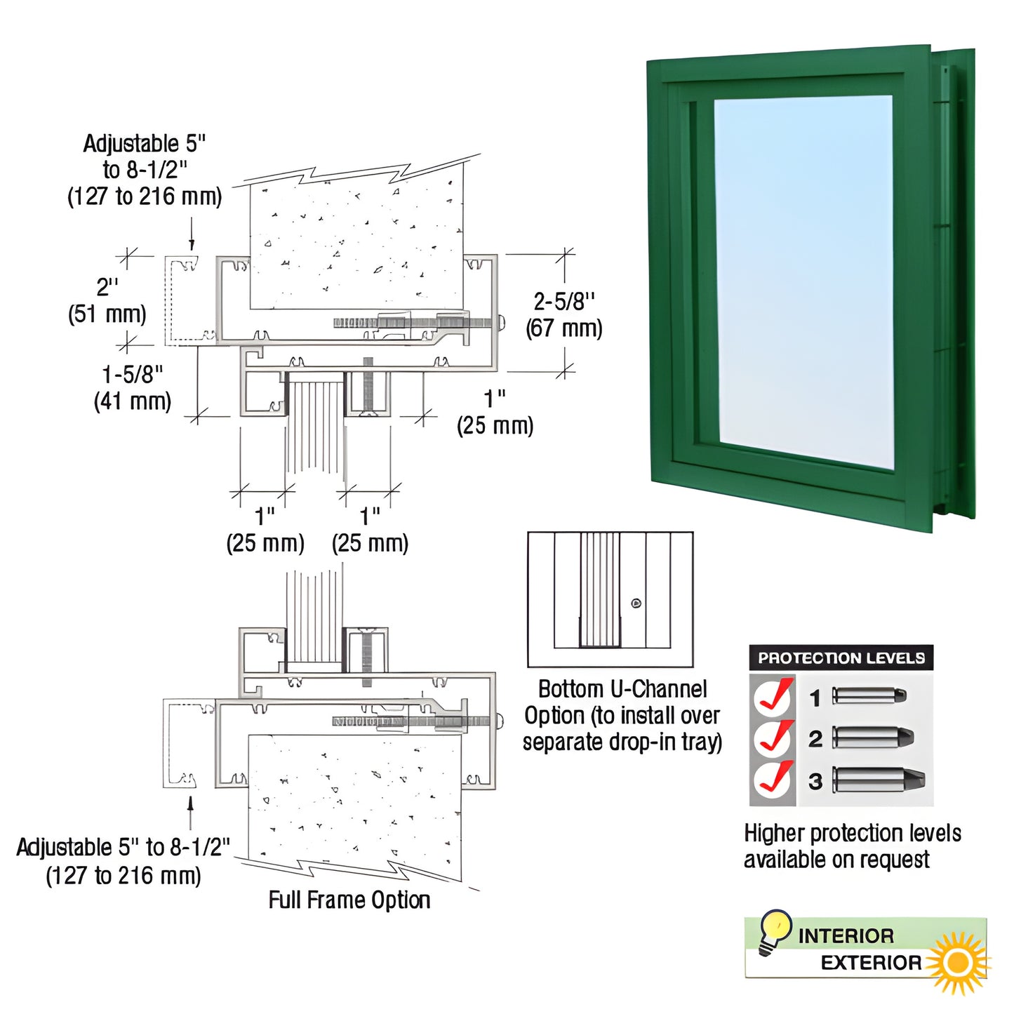 Clamp-on aluminum vision window (SKU C0VEK), green KYNAR-painted frame, adjustable 5-81 2" wall thickness, for walk-up/teller u