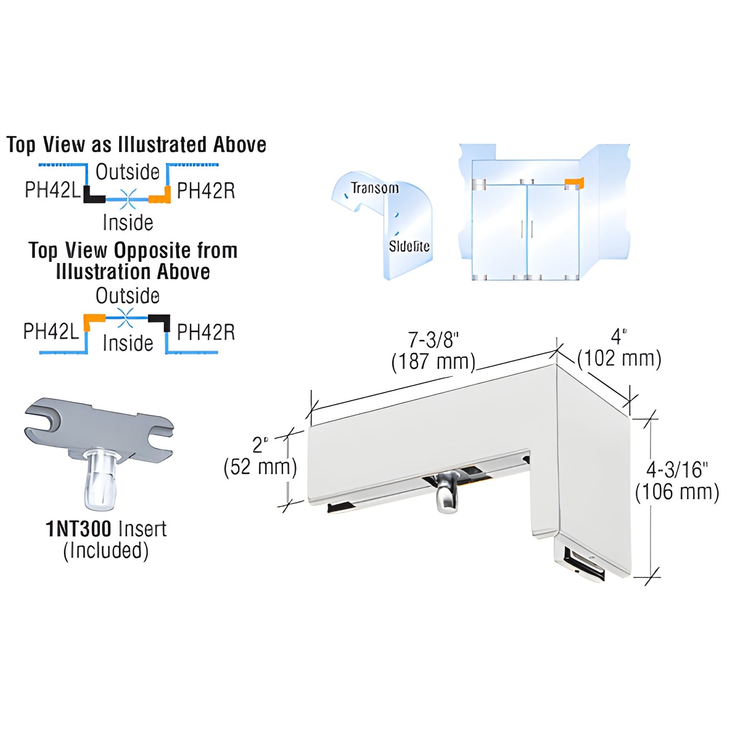 PH42RA satin anodized 90 right-hand sidelite transom patch for 3/8" glass with 1NT300 insert.