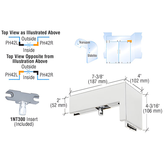 PH42RA satin anodized 90 right-hand sidelite transom patch for 3/8" glass with 1NT300 insert.