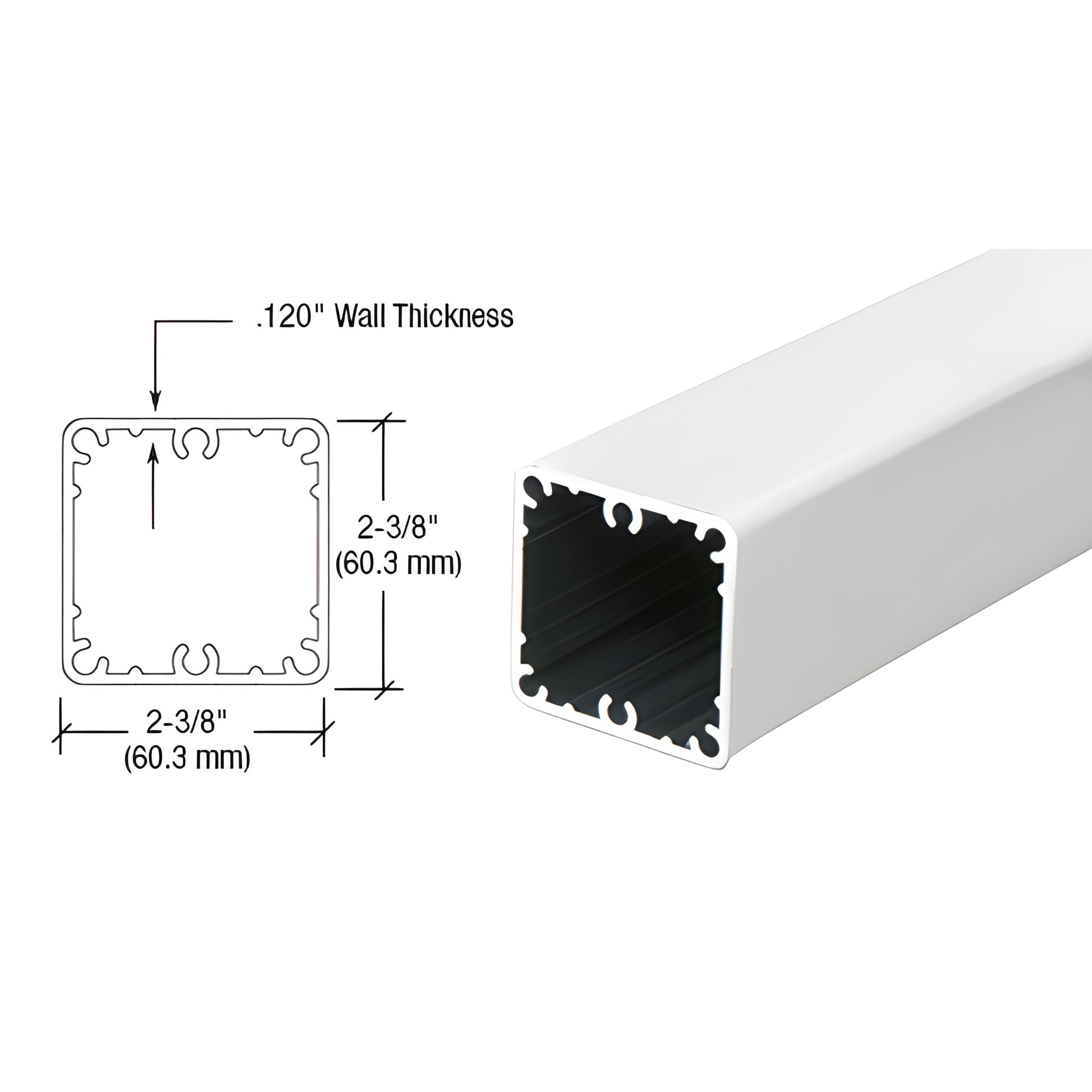 P36W Sky White aluminum 2-3/8" (60.3 mm) square post, extruded hollow profile with 0.120" wall thickness