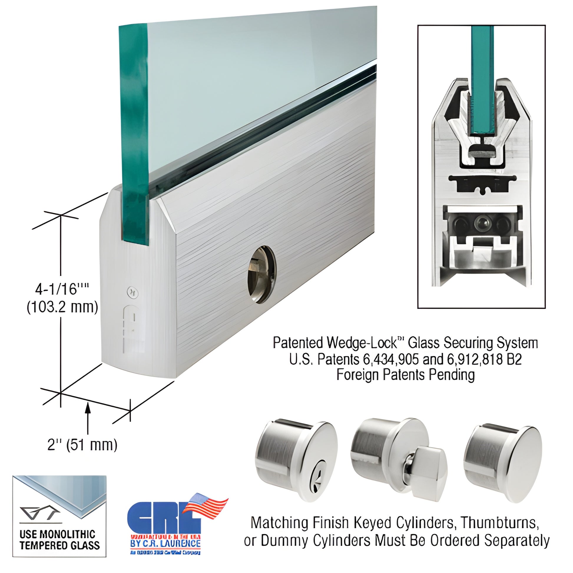CRL Wedge-Lock 35-3/4" tapered door rail, brushed stainless for 3/8" glass, includes lock - SKU DR4TBS38SL