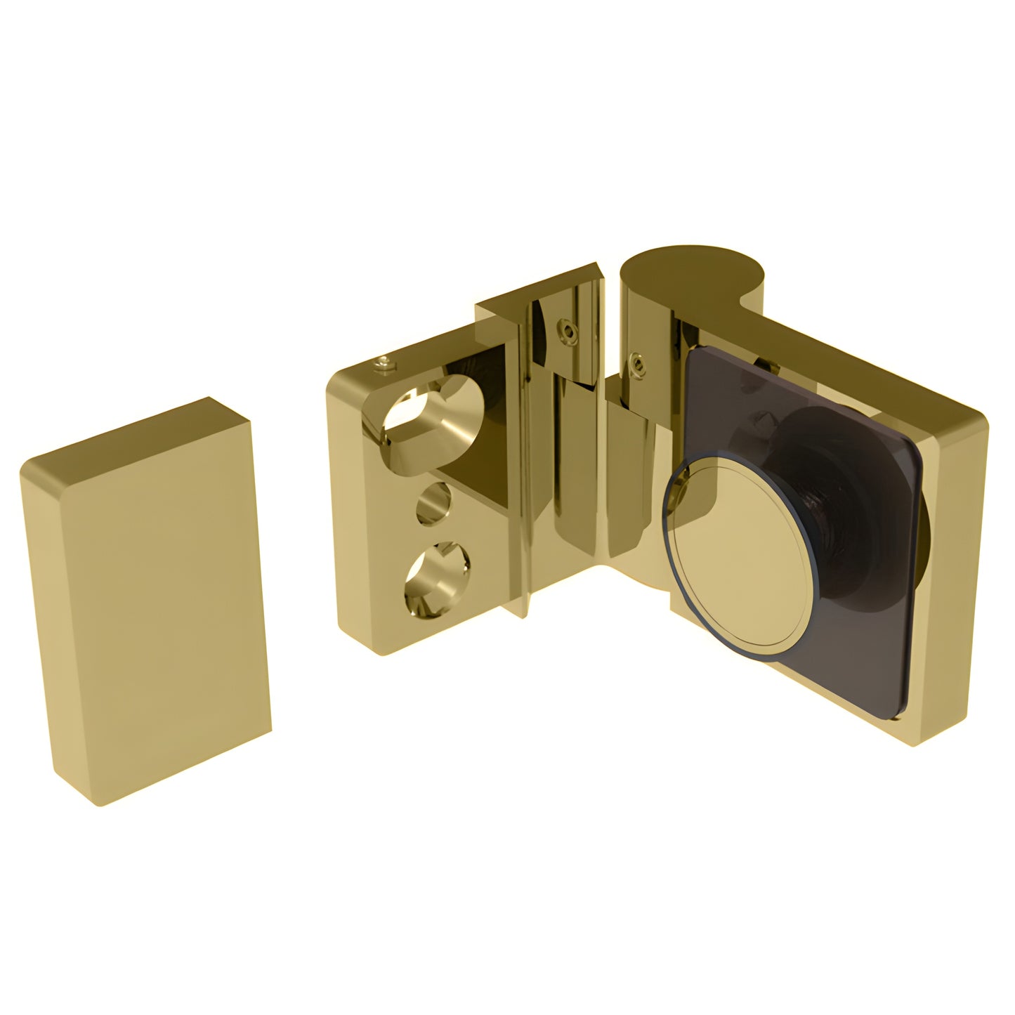 Satin brass Lugano glass shower door hinge (LUG044RSB), concealed modern left-hand hinge for 8-10mm frameless glass.