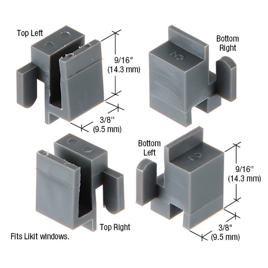 Gray nylon CRL corner guides (set of 4) for Likit sliding sash windows, SKU G3078; 9/16" x 3/8" compact corner glides.