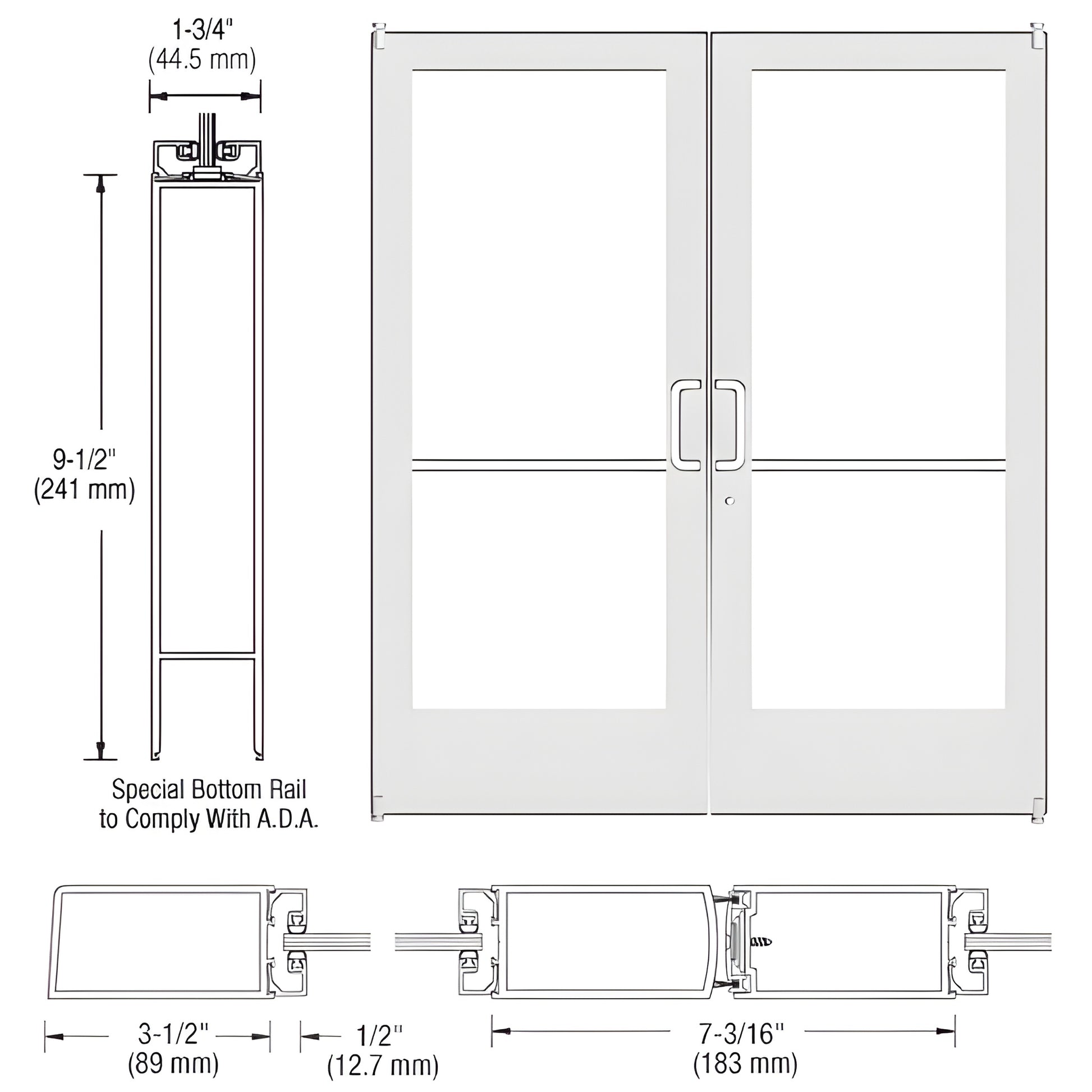 DE42252 - white medium-stile double commercial entrance door with glass panels and 91 2" ADA bottom rail
