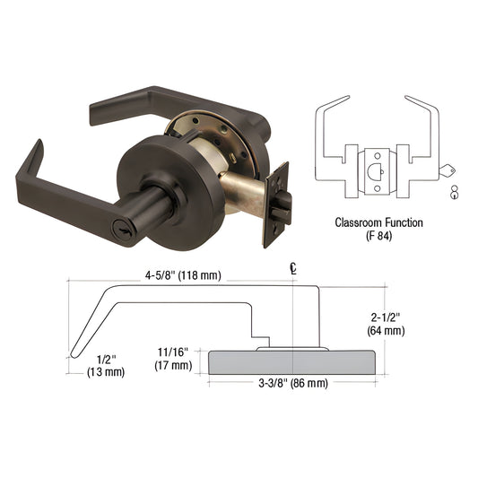 Oil-rubbed bronze heavy-duty classroom lever lockset (Grade 1) with clutch, reversible, includes latch - SKU D90CLS0RB