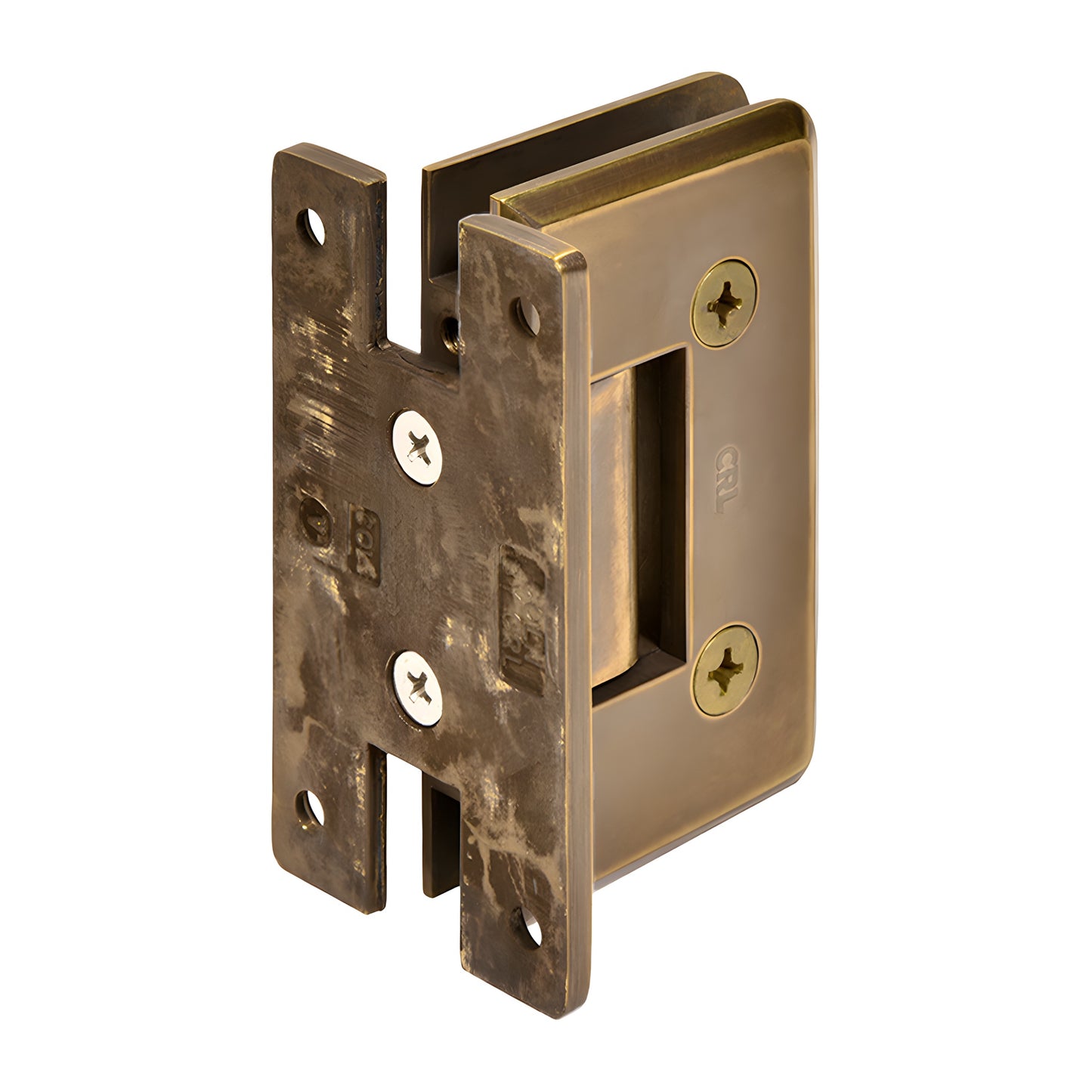 Vintage brass Cologne shower door hinge, H back plate, beveled edges, fits 3/8-1/2 glass (SKU C0L037VBR)