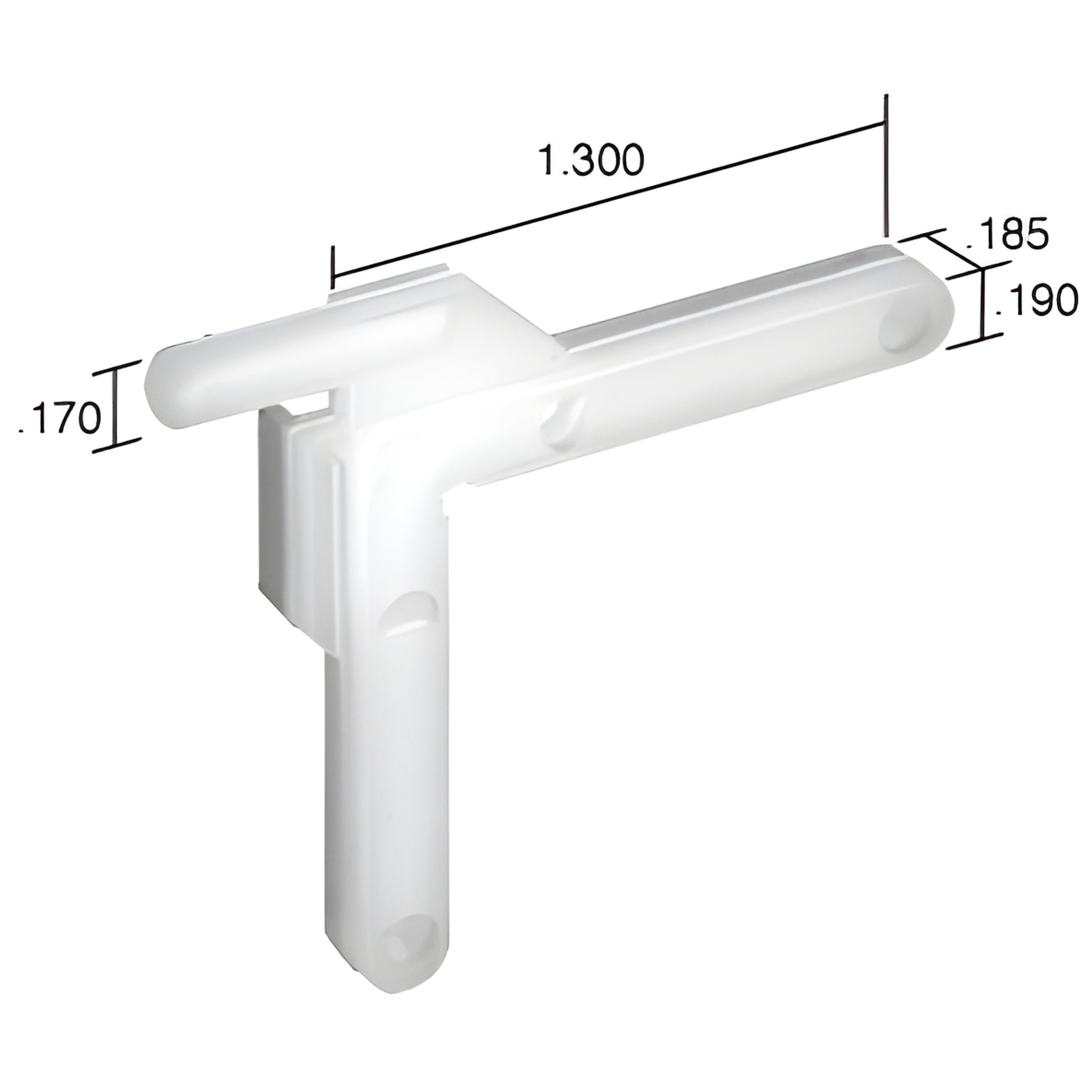White molded nylon swivel corner key for storm windows (SKU SK315K), L-shaped with 1.300" arm and projecting pin.